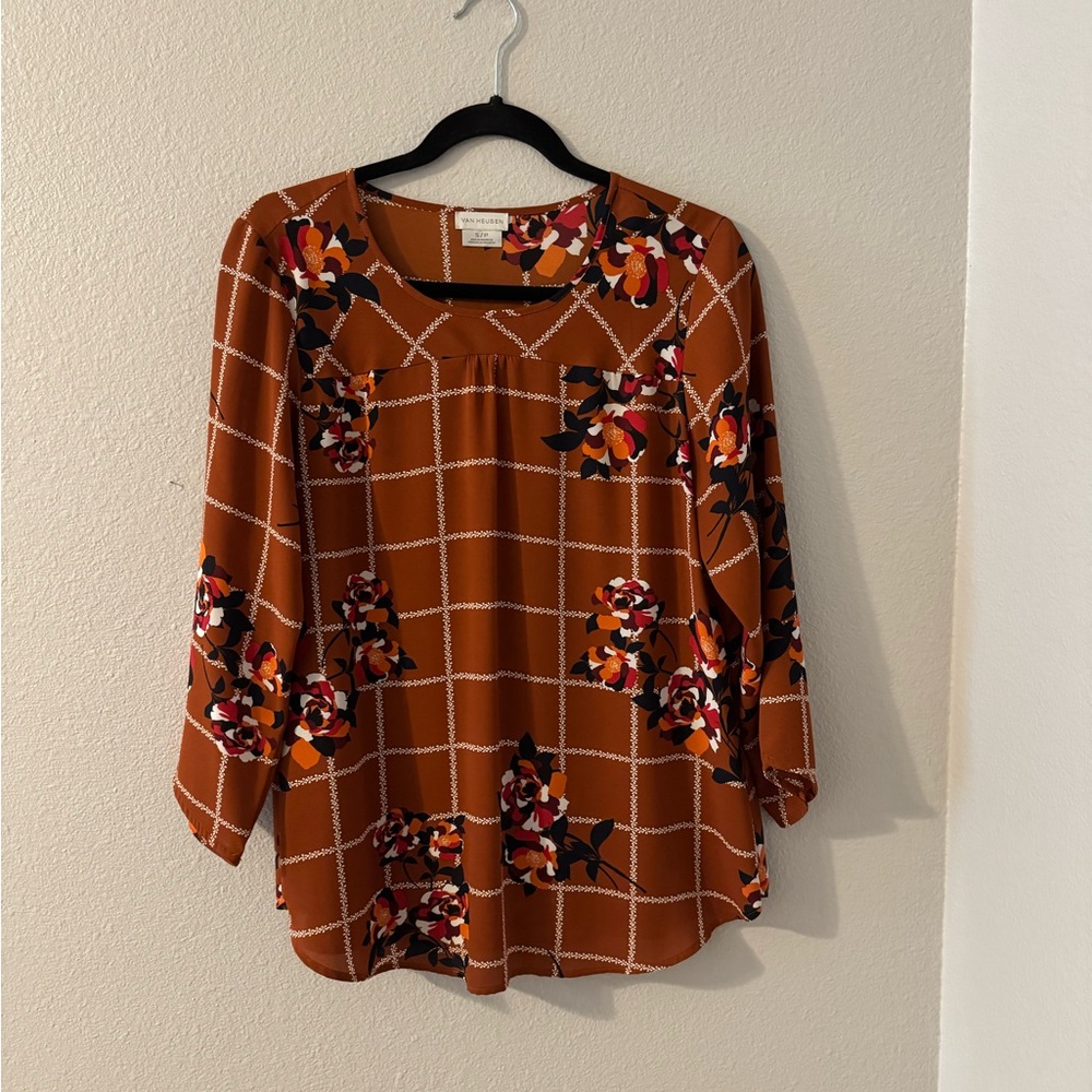 Van Heusen Women's Floral Checkered Blouse - Brown/Cognac/Burnt Orange